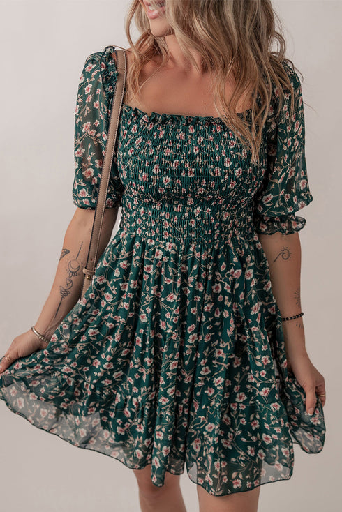 Floral Smocked Puff Sleeve A Line Mini Dress with Square Neck